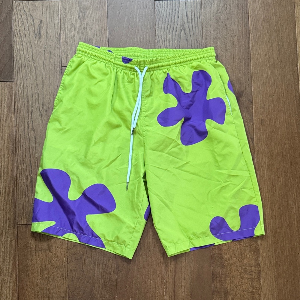 Men's Lime Green Patrick from Spongebob Swim Trunks with Purple Floral Accent - Picture 1 of 3